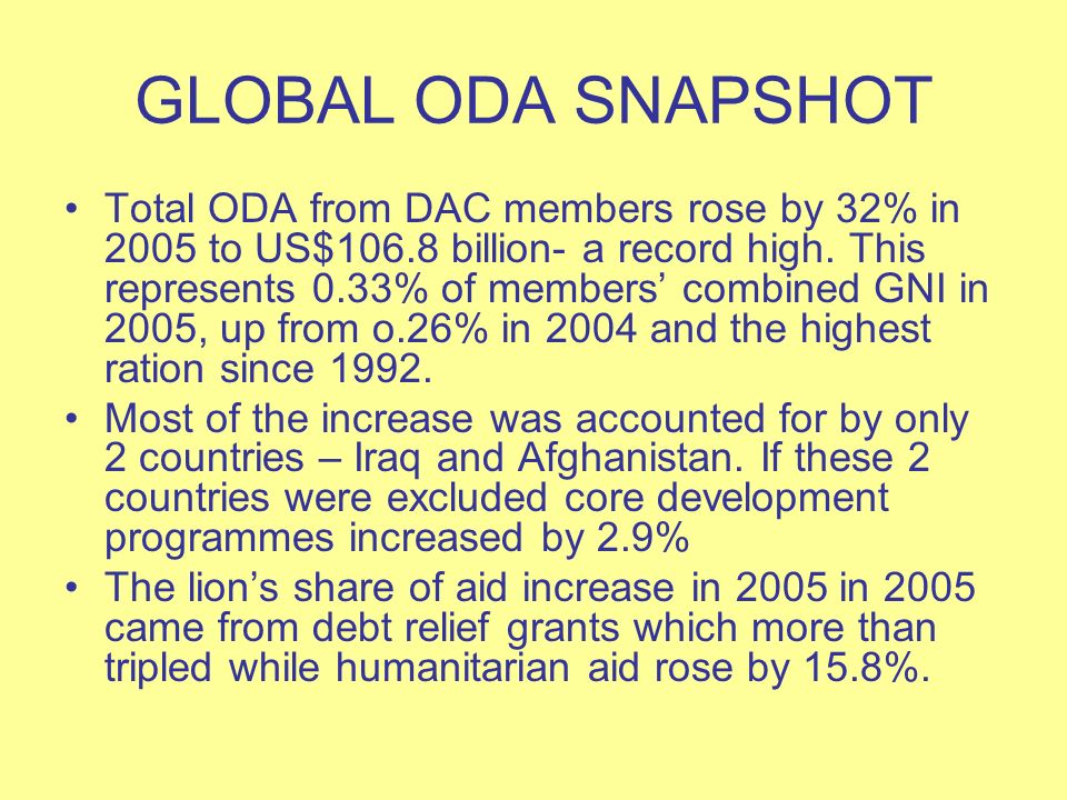GLOBAL ODA SNAPSHOT Total ODA from DAC members rose by 32% in 2005 to US$106.8 billion- a record high.