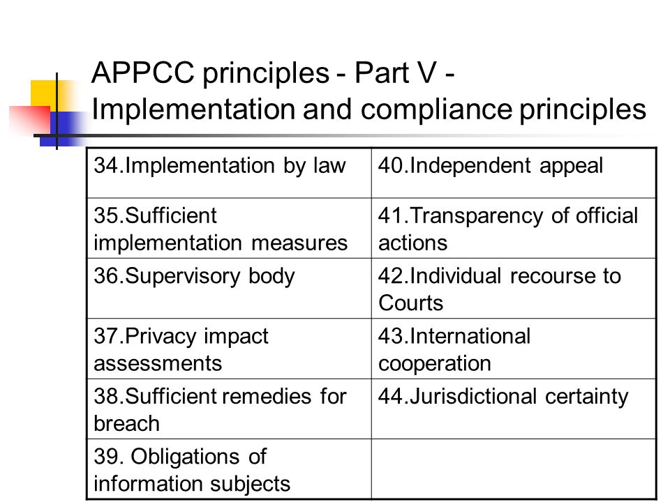 APPCC principles - Part V - Implementation and compliance principles 34.Implementation by law40.Independent appeal 35.Sufficient implementation measures 41.Transparency of official actions 36.Supervisory body42.Individual recourse to Courts 37.Privacy impact assessments 43.International cooperation 38.Sufficient remedies for breach 44.Jurisdictional certainty 39.
