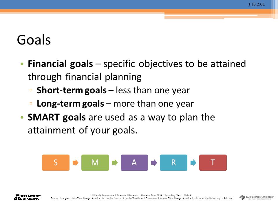 G1 © Family Economics & Financial Education – Updated May 2012 – Spending Plans – Slide 2 Funded by a grant from Take Charge America, Inc.