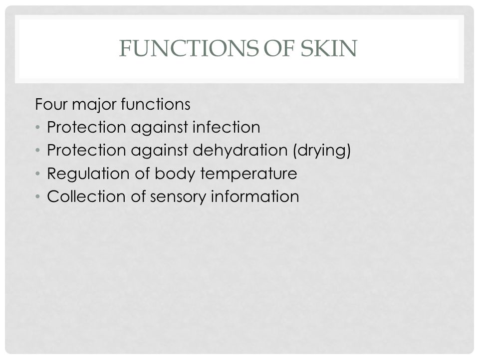 FUNCTIONS OF SKIN Four major functions Protection against infection Protection against dehydration (drying) Regulation of body temperature Collection of sensory information