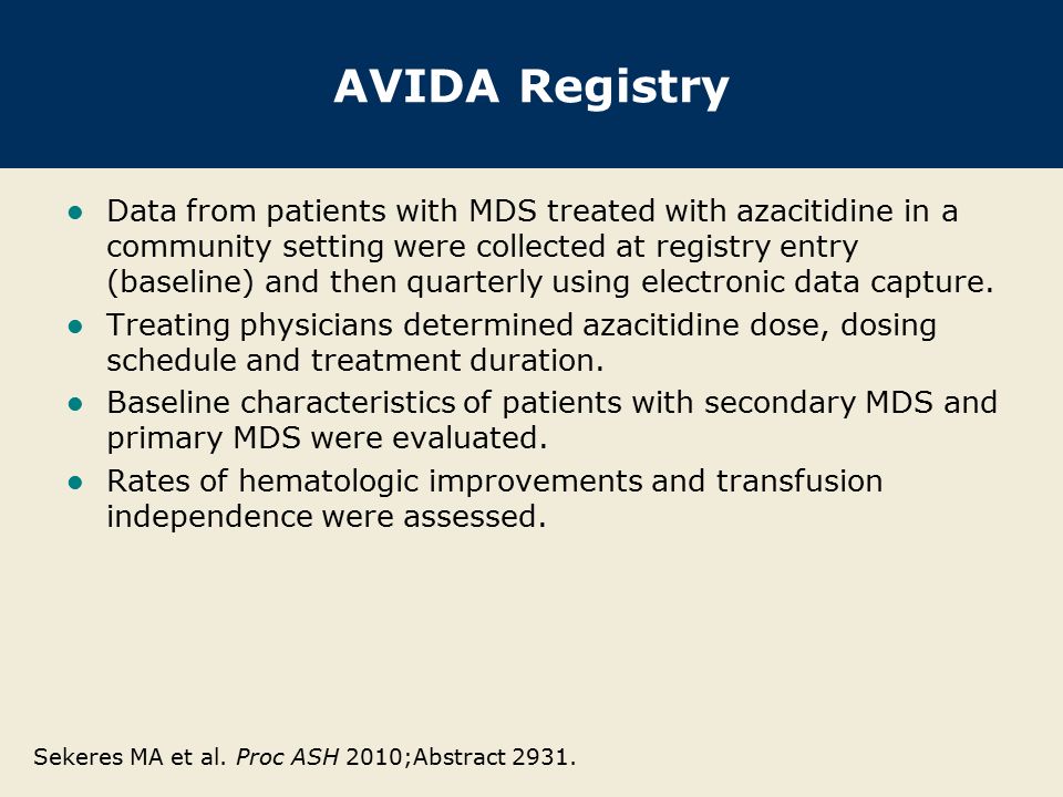 AVIDA Registry Data from patients with MDS treated with azacitidine in a community setting were collected at registry entry (baseline) and then quarterly using electronic data capture.
