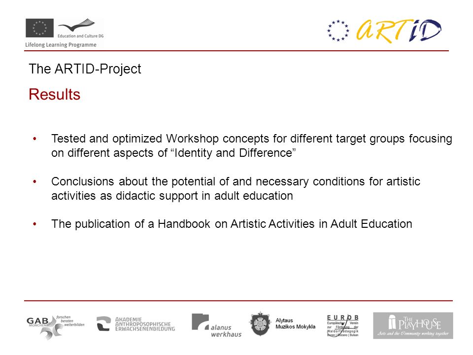 The ARTID-Project Results Tested and optimized Workshop concepts for different target groups focusing on different aspects of Identity and Difference Conclusions about the potential of and necessary conditions for artistic activities as didactic support in adult education The publication of a Handbook on Artistic Activities in Adult Education