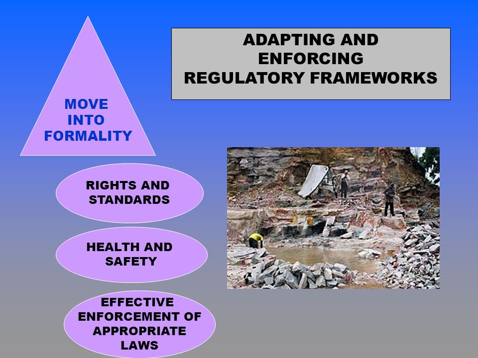 ADAPTING AND ENFORCING REGULATORY FRAMEWORKS MOVE INTO FORMALITY HEALTH AND SAFETY RIGHTS AND STANDARDS EFFECTIVE ENFORCEMENT OF APPROPRIATE LAWS