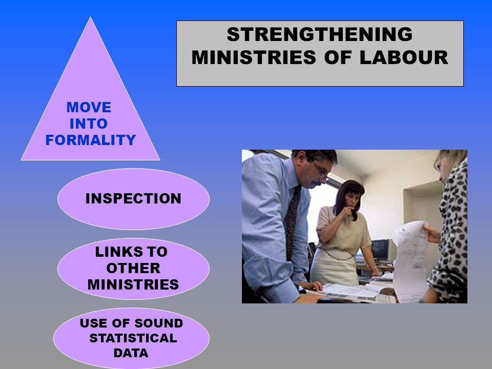 STRENGTHENING MINISTRIES OF LABOUR MOVE INTO FORMALITY USE OF SOUND STATISTICAL DATA INSPECTION LINKS TO OTHER MINISTRIES
