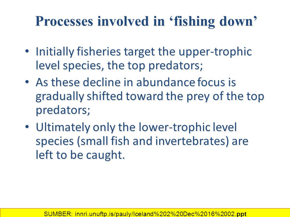 Initially fisheries target the upper-trophic level species, the top predators; As these decline in abundance focus is gradually shifted toward the prey of the top predators; Ultimately only the lower-trophic level species (small fish and invertebrates) are left to be caught.