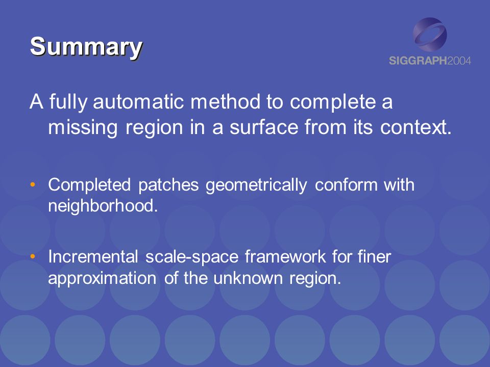 SummarySummary A fully automatic method to complete a missing region in a surface from its context.