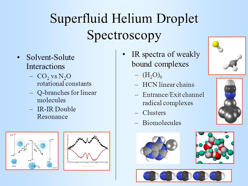 Superfluid Helium Droplet Spectroscopy Solvent-Solute Interactions –CO 2 vs N 2 O rotational constants –Q-branches for linear molecules –IR-IR Double Resonance IR spectra of weakly bound complexesIR spectra of weakly bound complexes –(H 2 O) 6 –HCN linear chains –Entrance/Exit channel radical complexes –Clusters –Biomolecules
