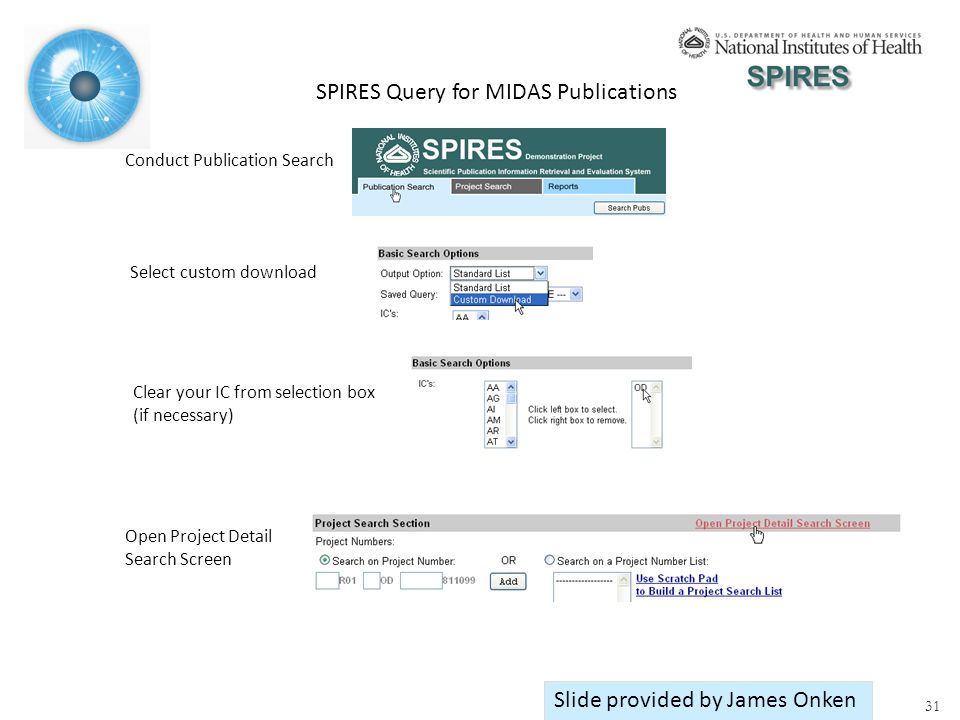 SPIRES Query for MIDAS Publications Conduct Publication Search Open Project Detail Search Screen Clear your IC from selection box (if necessary) Select custom download 31 Slide provided by James Onken