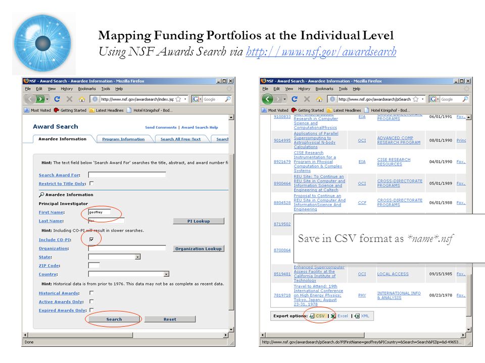 Mapping Funding Portfolios at the Individual Level Using NSF Awards Search via   Save in CSV format as *name*.nsf
