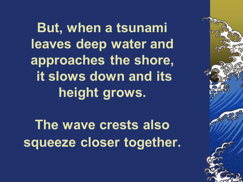 But, when a tsunami leaves deep water and approaches the shore, it slows down and its height grows.