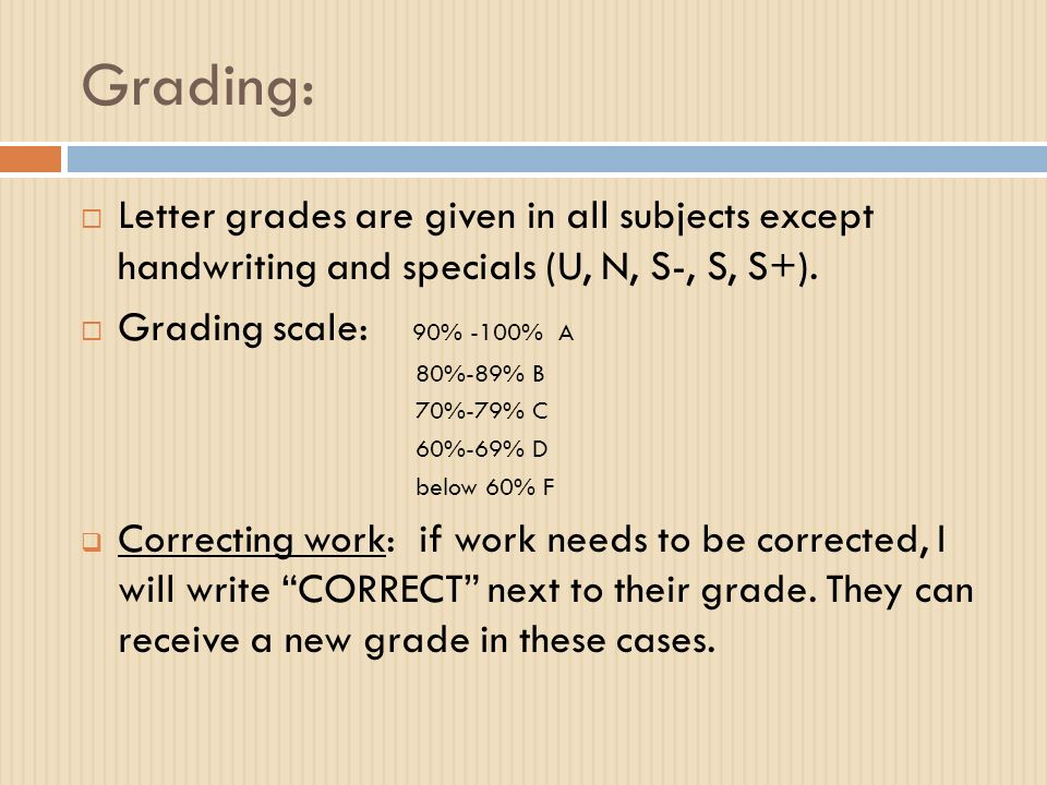 Grading:  Letter grades are given in all subjects except handwriting and specials (U, N, S-, S, S+).