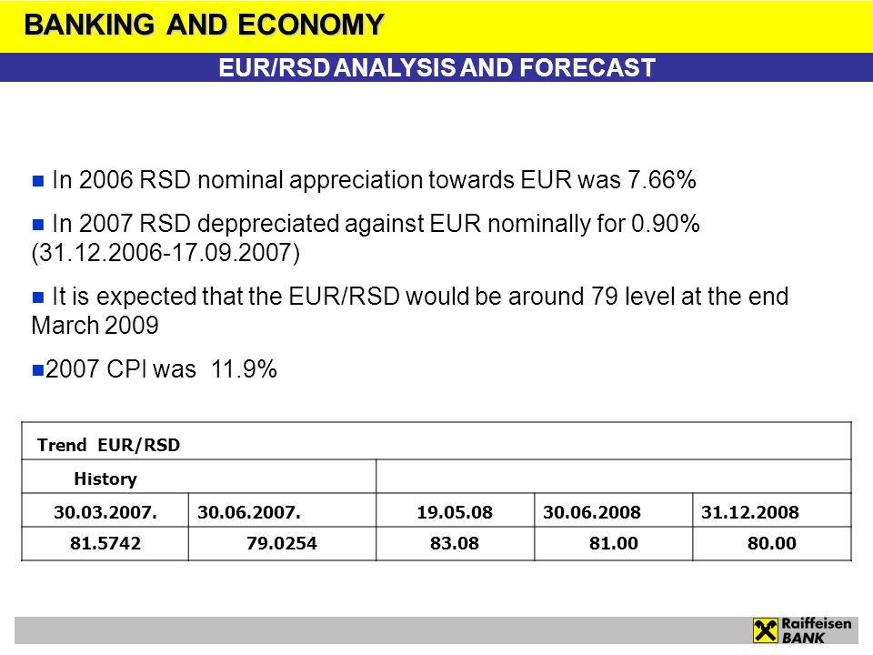 In 2006 RSD nominal appreciation towards EUR was 7.66% In 2007 RSD deppreciated against EUR nominally for 0.90% ( ) It is expected that the EUR/RSD would be around 79 level at the end March CPI was 11.9% BANKING AND ECONOMY EUR/RSD ANALYSIS AND FORECAST Trend EUR/RSD History