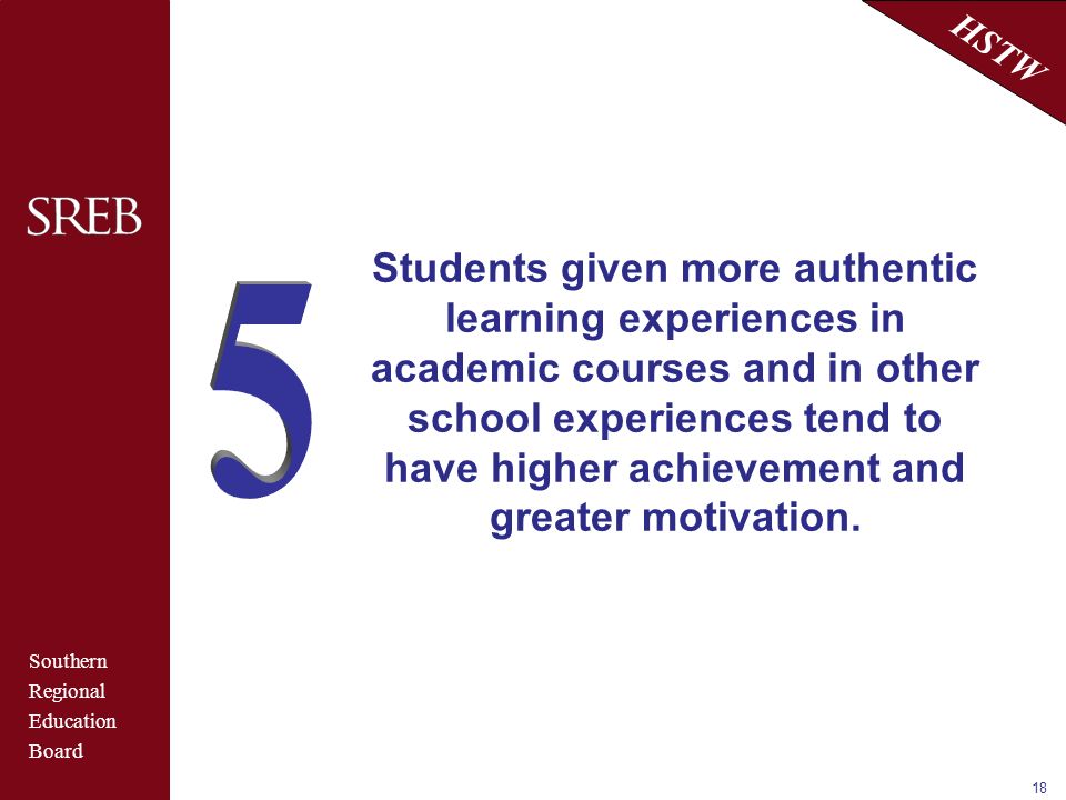 Southern Regional Education Board HSTW 18 Students given more authentic learning experiences in academic courses and in other school experiences tend to have higher achievement and greater motivation.