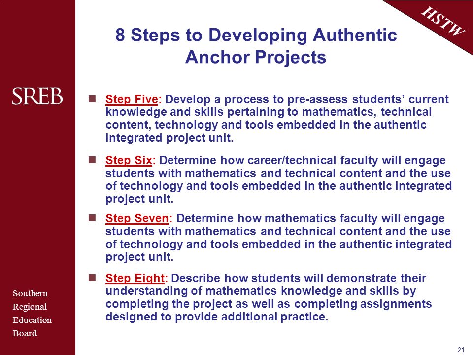 Southern Regional Education Board HSTW 21 8 Steps to Developing Authentic Anchor Projects Step Five: Develop a process to pre-assess students’ current knowledge and skills pertaining to mathematics, technical content, technology and tools embedded in the authentic integrated project unit.