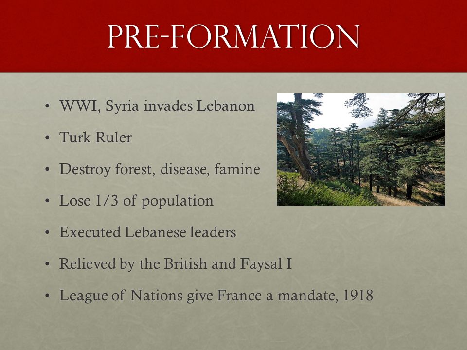 Pre-Formation WWI, Syria invades LebanonWWI, Syria invades Lebanon Turk RulerTurk Ruler Destroy forest, disease, famineDestroy forest, disease, famine Lose 1/3 of populationLose 1/3 of population Executed Lebanese leadersExecuted Lebanese leaders Relieved by the British and Faysal IRelieved by the British and Faysal I League of Nations give France a mandate, 1918League of Nations give France a mandate, 1918