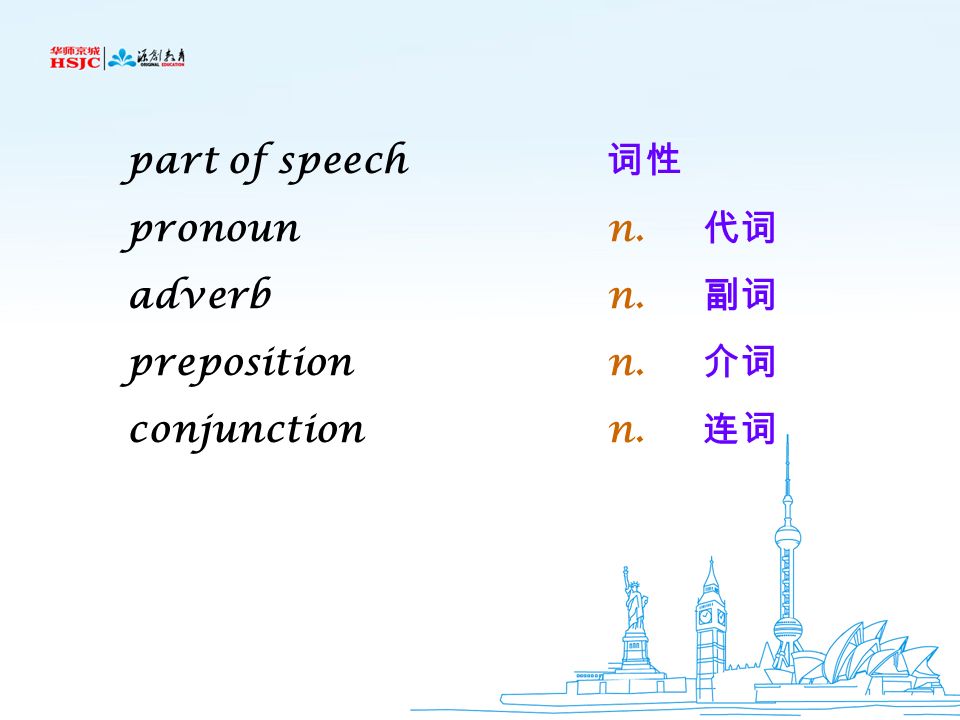 part of speech 词性 pronoun n. 代词 adverb n. 副词 preposition n. 介词 conjunction n. 连词