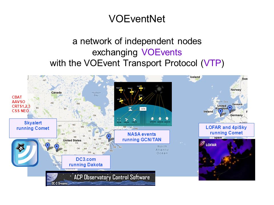 VOEventNet a network of independent nodes exchanging VOEvents with the VOEvent Transport Protocol (VTP) LOFAR and 4piSky running Comet NASA events running GCN/TAN DC3.com running Dakota Skyalert running Comet CBAT AAVSO CRTS1,2,3 CSS NEO