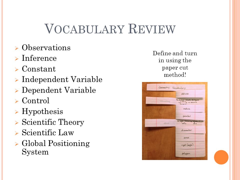 V OCABULARY R EVIEW  Observations  Inference  Constant  Independent Variable  Dependent Variable  Control  Hypothesis  Scientific Theory  Scientific Law  Global Positioning System Define and turn in using the paper cut method!
