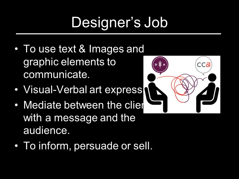 Designer’s Job To use text & Images and graphic elements to communicate.