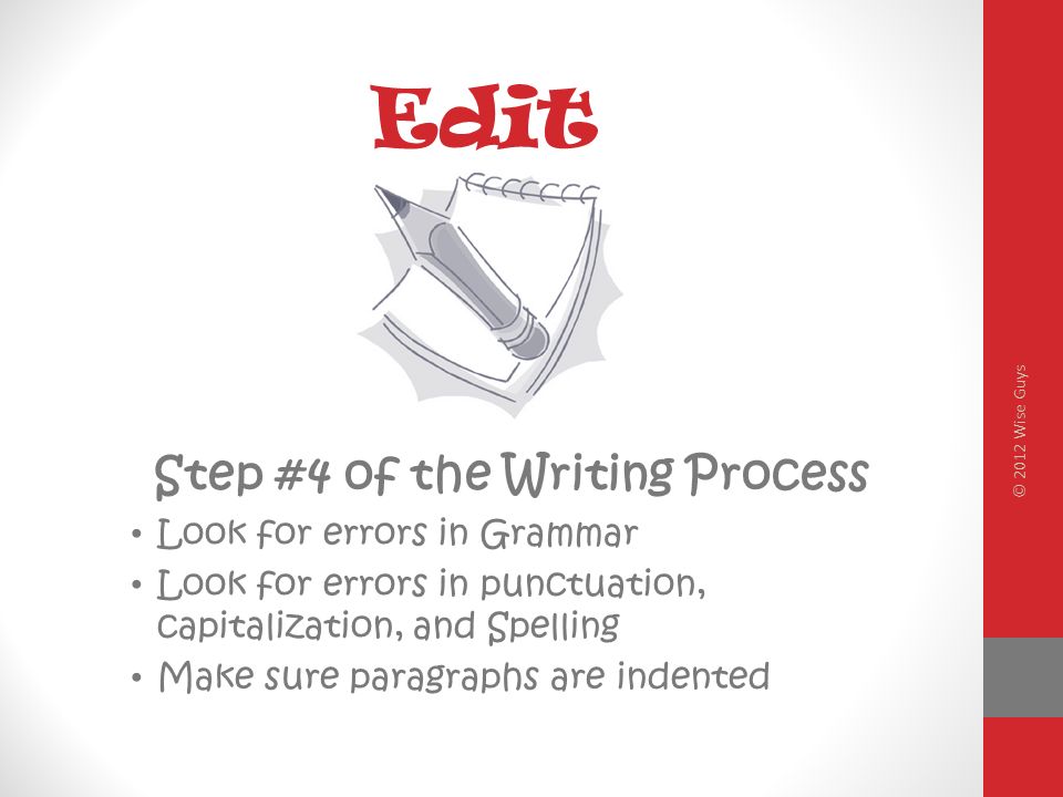 Edit Step #4 of the Writing Process Look for errors in Grammar Look for errors in punctuation, capitalization, and Spelling Make sure paragraphs are indented © 2012 Wise Guys