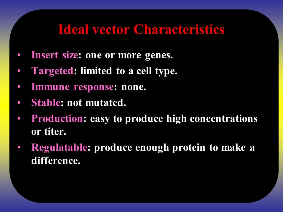 Ideal vector Characteristics Insert size: one or more genes.