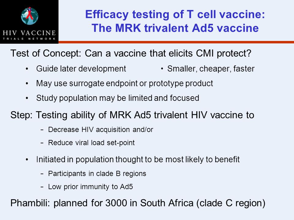 Efficacy testing of T cell vaccine: The MRK trivalent Ad5 vaccine Test of Concept: Can a vaccine that elicits CMI protect.
