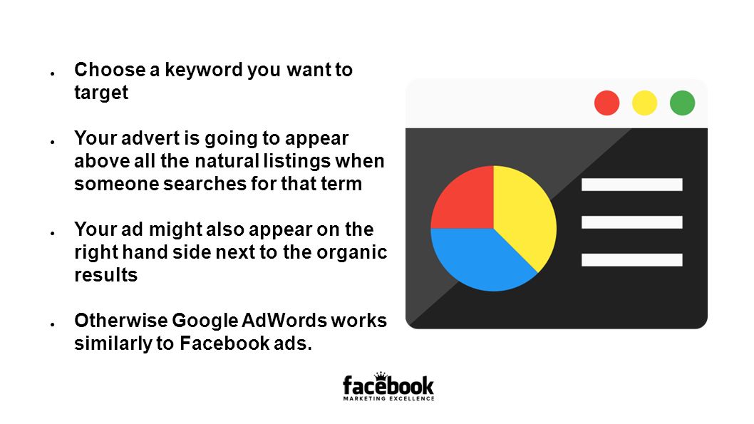 ● Choose a keyword you want to target ● Your advert is going to appear above all the natural listings when someone searches for that term ● Your ad might also appear on the right hand side next to the organic results ● Otherwise Google AdWords works similarly to Facebook ads.