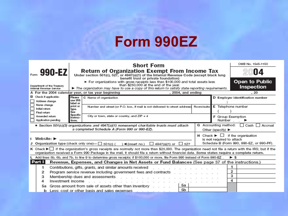 When to File a Return Gross Receipts are Less than $25,000 – You must file form 990 N on internet Gross Receipts more than $25,000 and less than $100,000, and total assets are under $250,000- File Form 990EZ or form 990 If Club receives IRS packet with preaddressed label – File Return