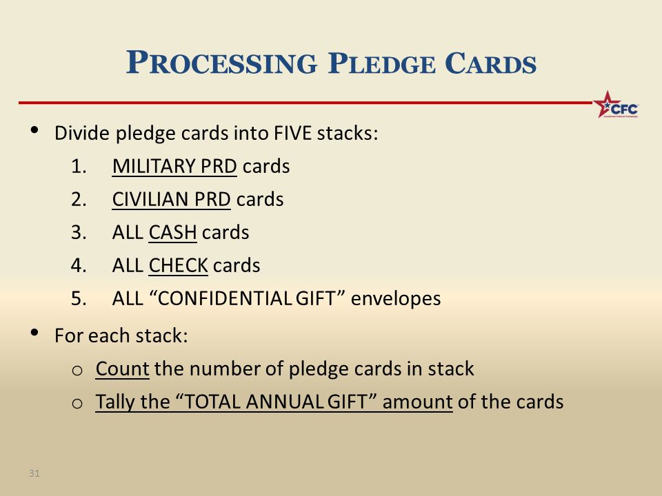 P ROCESSING P LEDGE C ARDS Divide pledge cards into FIVE stacks: 1.MILITARY PRD cards 2.CIVILIAN PRD cards 3.ALL CASH cards 4.ALL CHECK cards 5.ALL CONFIDENTIAL GIFT envelopes For each stack: o Count the number of pledge cards in stack o Tally the TOTAL ANNUAL GIFT amount of the cards 31