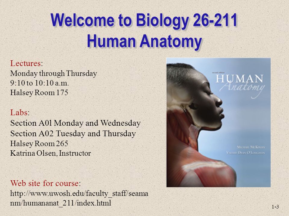 1-3 Welcome to Biology Human Anatomy Lectures: Monday through Thursday 9:10 to 10:10 a.m.
