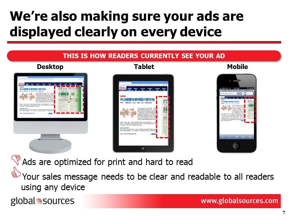 We’re also making sure your ads are displayed clearly on every device THIS IS HOW READERS CURRENTLY SEE YOUR AD 7  Ads are optimized for print and hard to read  Your sales message needs to be clear and readable to all readers using any device DesktopTabletMobile