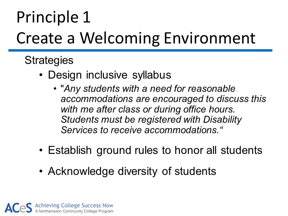 Principle 1 Create a Welcoming Environment Strategies Design inclusive syllabus Any students with a need for reasonable accommodations are encouraged to discuss this with me after class or during office hours.