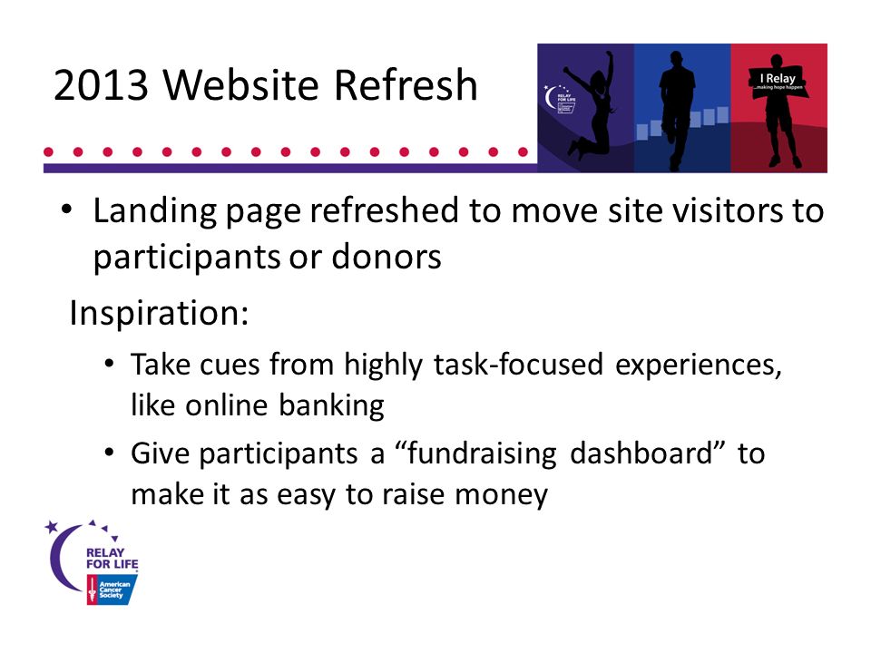 2013 Website Refresh Landing page refreshed to move site visitors to participants or donors Inspiration: Take cues from highly task-focused experiences, like online banking Give participants a fundraising dashboard to make it as easy to raise money