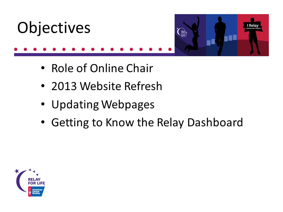 Objectives Role of Online Chair 2013 Website Refresh Updating Webpages Getting to Know the Relay Dashboard