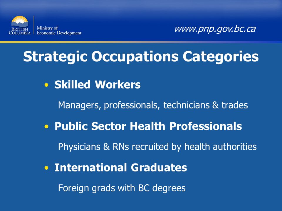 Strategic Occupations Categories Skilled Workers Managers, professionals, technicians & trades Public Sector Health Professionals Physicians & RNs recruited by health authorities International Graduates Foreign grads with BC degrees