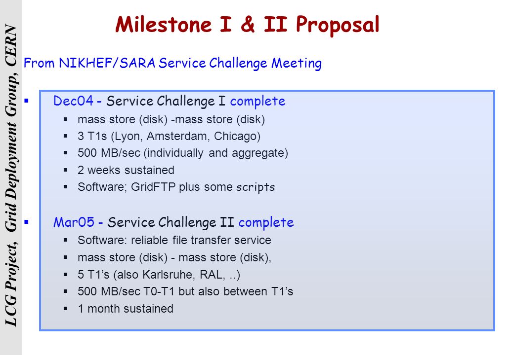 LCG Project, Grid Deployment Group, CERN Milestone I & II Proposal From NIKHEF/SARA Service Challenge Meeting  Dec04 - Service Challenge I complete  mass store (disk) -mass store (disk)  3 T1s (Lyon, Amsterdam, Chicago)  500 MB/sec (individually and aggregate)  2 weeks sustained  Software; GridFTP plus some scripts  Mar05 - Service Challenge II complete  Software: reliable file transfer service  mass store (disk) - mass store (disk),  5 T1’s (also Karlsruhe, RAL,..)  500 MB/sec T0-T1 but also between T1’s  1 month sustained