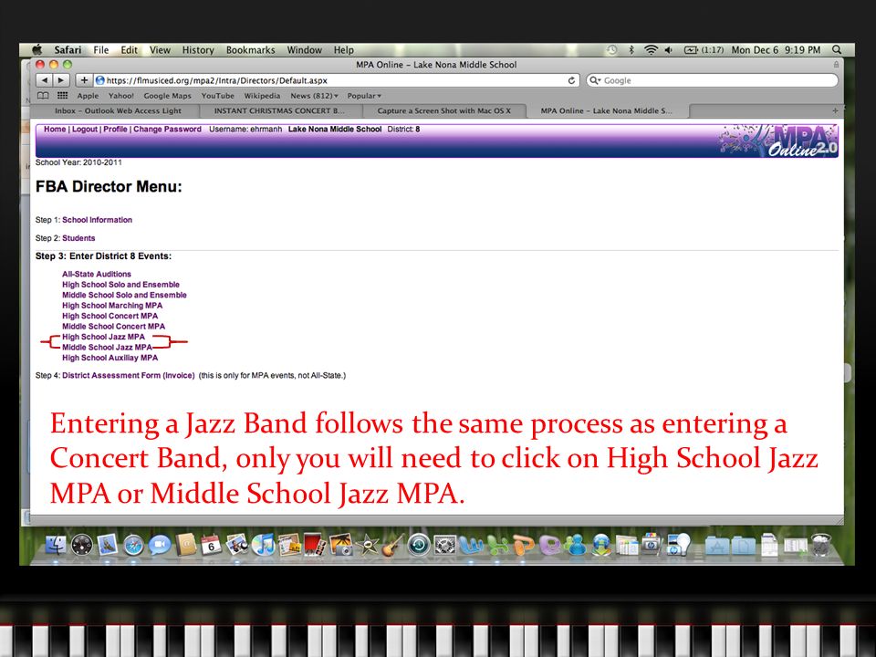 Entering a Jazz Band follows the same process as entering a Concert Band, only you will need to click on High School Jazz MPA or Middle School Jazz MPA.