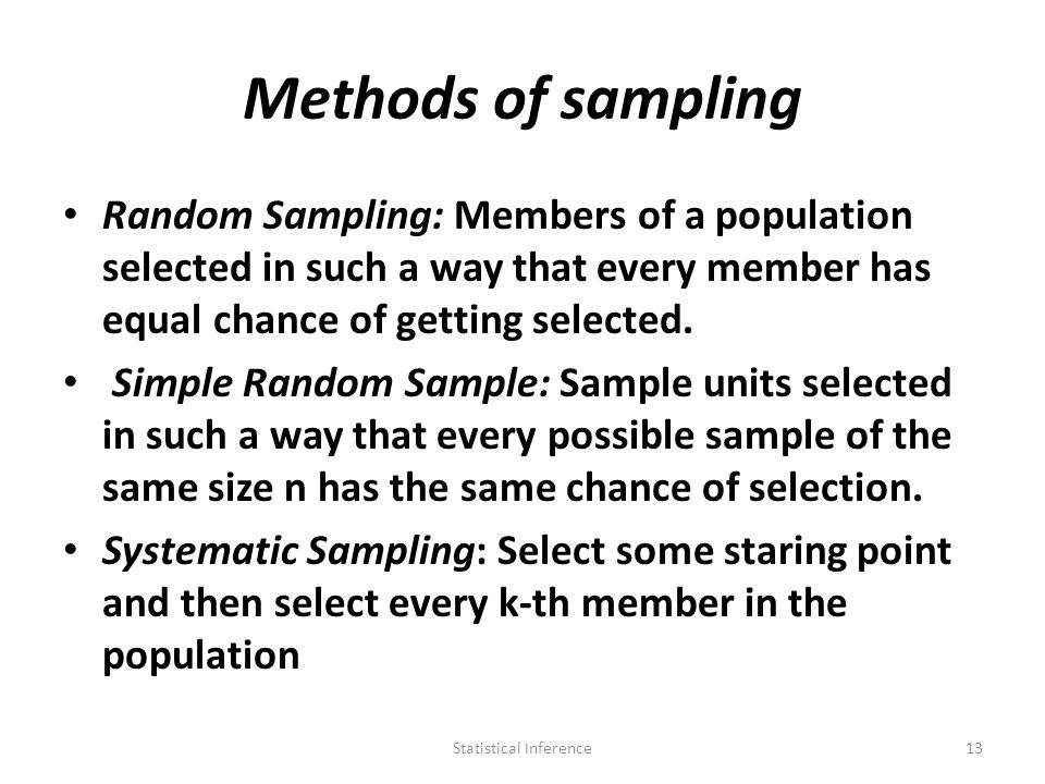 Methods of sampling Random Sampling: Members of a population selected in such a way that every member has equal chance of getting selected.