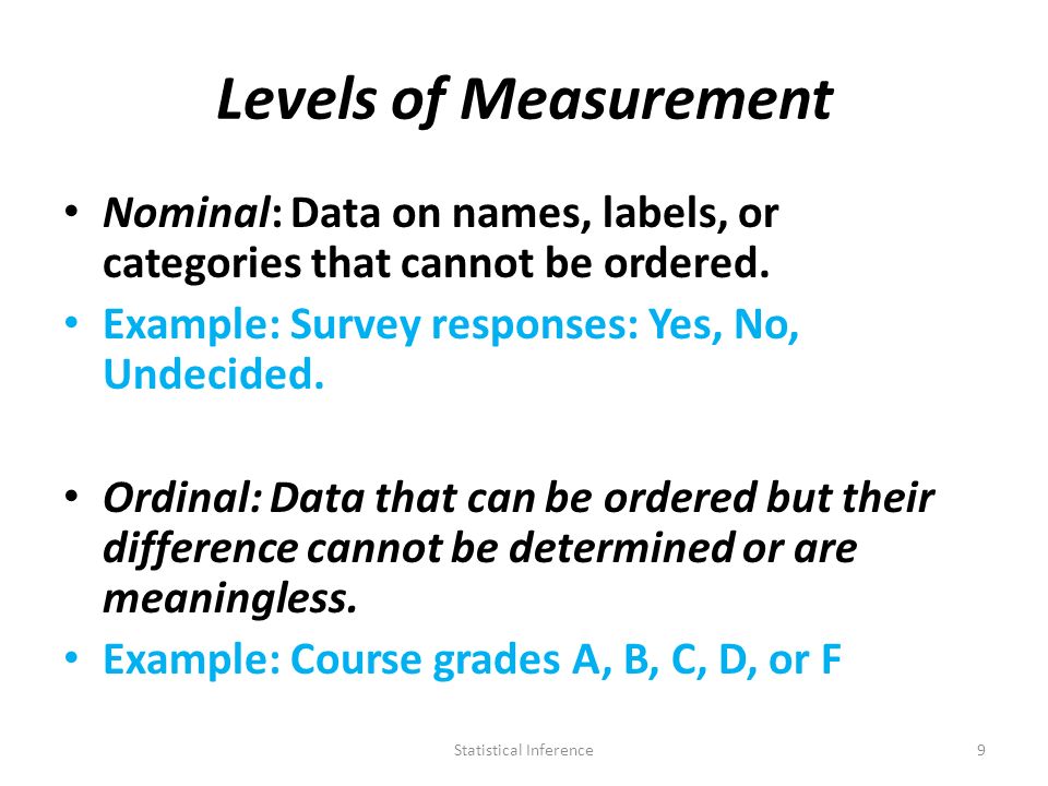 Levels of Measurement Nominal: Data on names, labels, or categories that cannot be ordered.