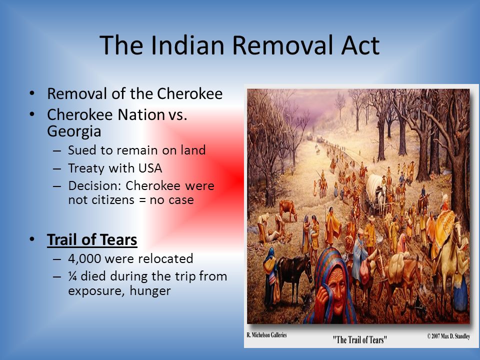 The Indian Removal Act Removal of the Cherokee Cherokee Nation vs.