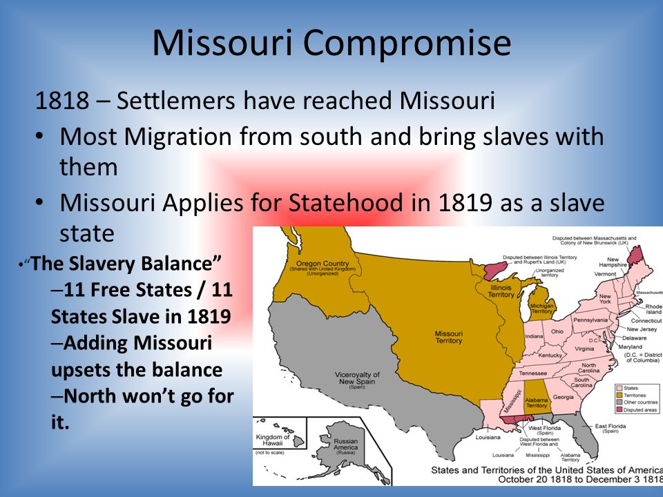 Missouri Compromise 1818 – Settlemers have reached Missouri Most Migration from south and bring slaves with them Missouri Applies for Statehood in 1819 as a slave state The Slavery Balance – 11 Free States / 11 States Slave in 1819 – Adding Missouri upsets the balance – North won’t go for it.