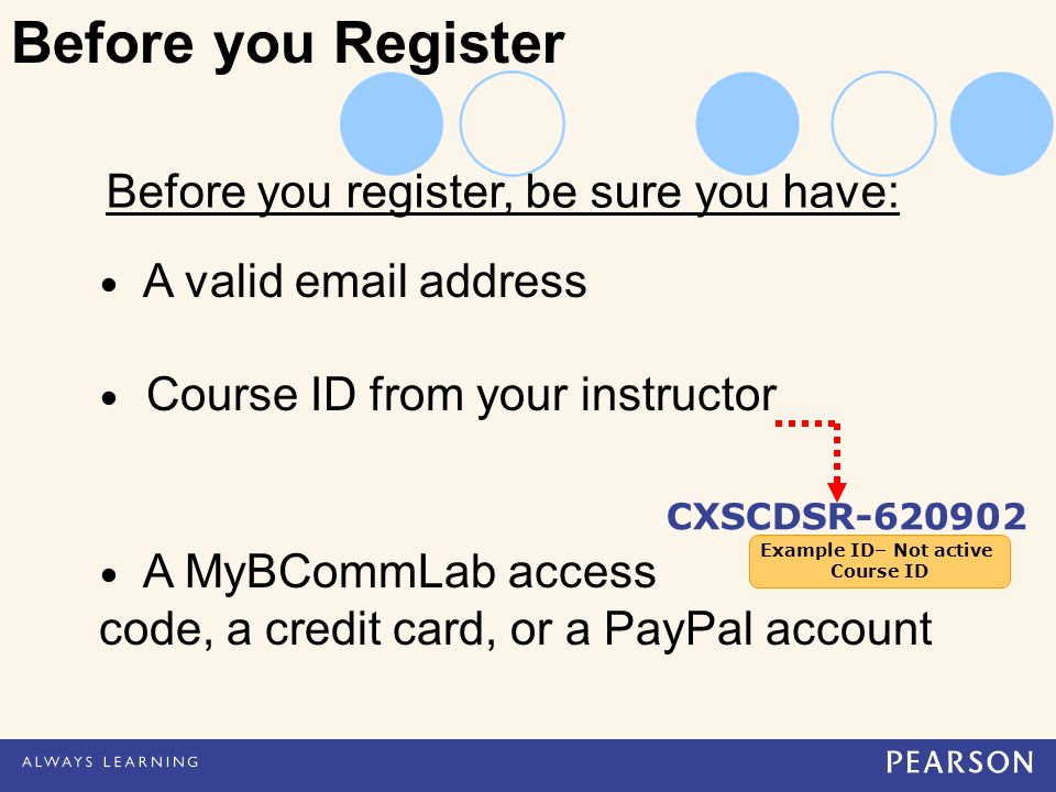 Before you register, be sure you have: A valid  address Course ID from your instructor A MyBCommLab access code, a credit card, or a PayPal account CXSCDSR Before you Register Example ID– Not active Course ID Example ID– Not active Course ID