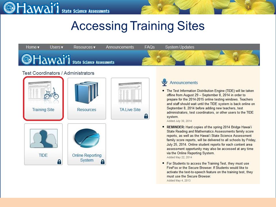 Online Hawai‘i State Assessments Accessing Training Sites