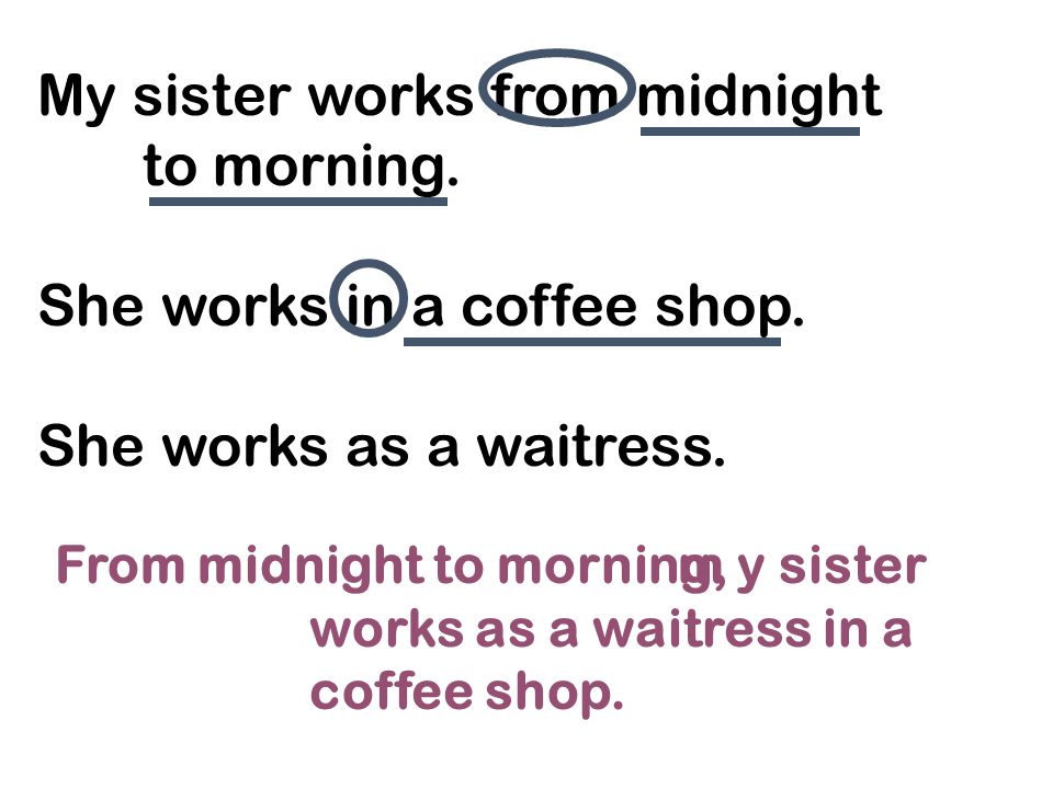 My sister works from midnight to morning. She works in a coffee shop.
