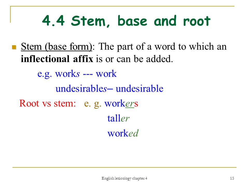 English lexicology chapter 4 1 Chapter 4 Word Formation (1) 4.1 Morphemes  4.2 Allomorphs 4.3 Types of morphemes 4.4 Stem, base and root 4.5 Three  major. - ppt download