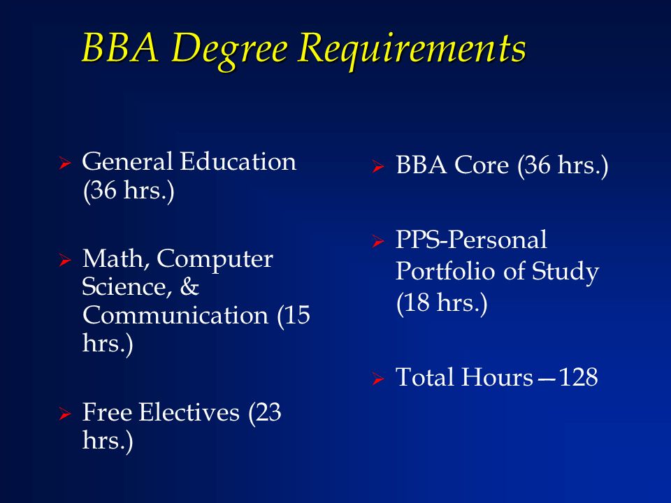 BBA Degree Requirements  General Education (36 hrs.)  Math, Computer Science, & Communication (15 hrs.)  Free Electives (23 hrs.)  BBA Core (36 hrs.)  PPS-Personal Portfolio of Study (18 hrs.)  Total Hours—128