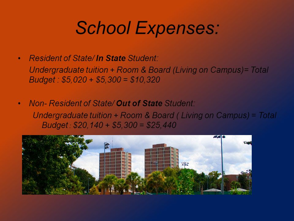 School Expenses: Resident of State/ In State Student: Undergraduate tuition + Room & Board (Living on Campus)= Total Budget : $5,020 + $5,300 = $10,320 Non- Resident of State/ Out of State Student: Undergraduate tuition + Room & Board ( Living on Campus) = Total Budget : $20,140 + $5,300 = $25,440