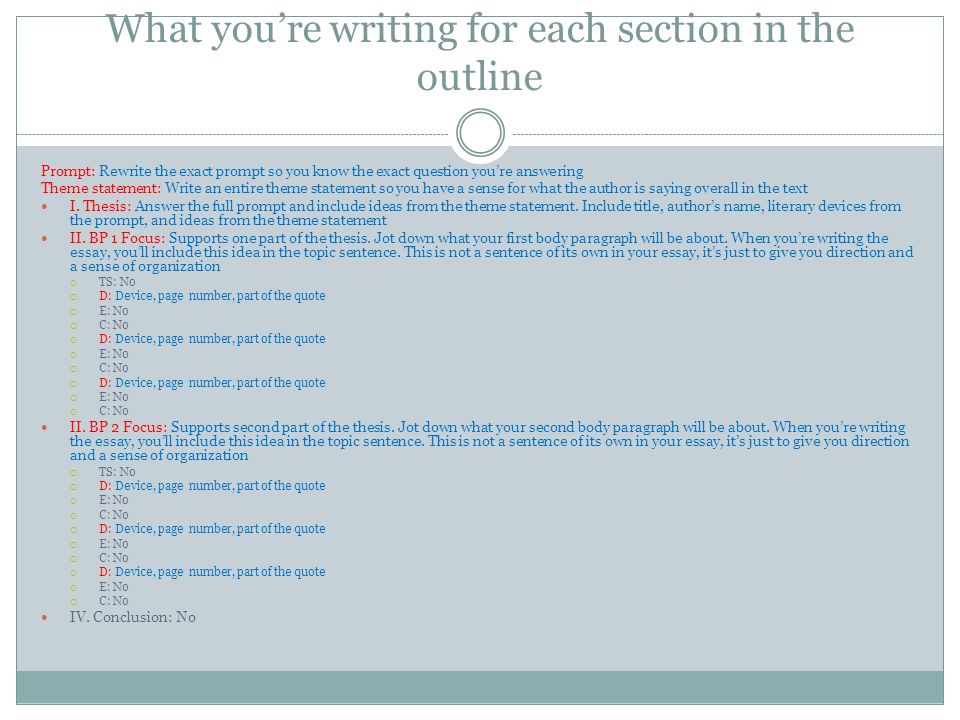 What you’re writing for each section in the outline Prompt: Rewrite the exact prompt so you know the exact question you’re answering Theme statement: Write an entire theme statement so you have a sense for what the author is saying overall in the text I.