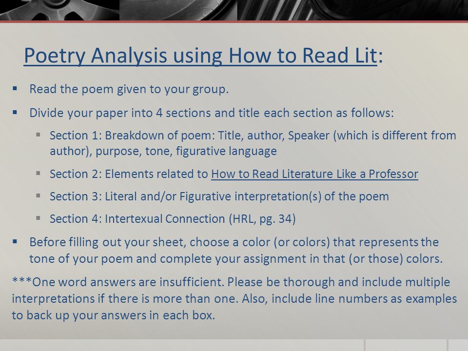 Poetry Analysis using How to Read Lit:  Read the poem given to your group.