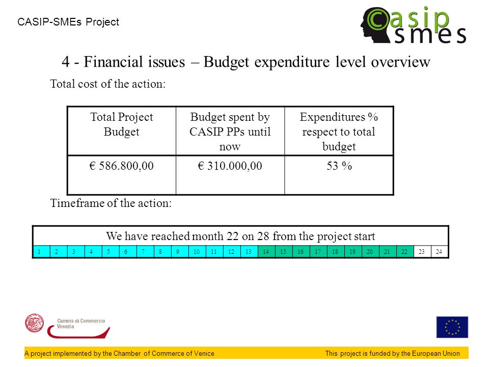 CASIP-SMEs Project A project implemented by the Chamber of Commerce of VeniceThis project is funded by the European Union Total cost of the action: Timeframe of the action: We have reached month 22 on 28 from the project start Financial issues – Budget expenditure level overview Total Project Budget Budget spent by CASIP PPs until now Expenditures % respect to total budget € ,00€ ,0053 %